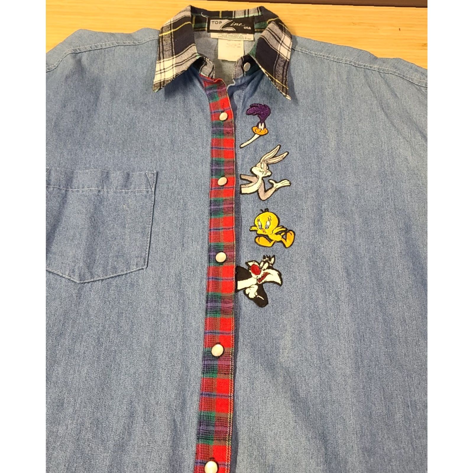 Denime VINTAGE Top Line USA Denim Button-Up Long Sleeve M Blue Embroidered Looney Tunes Collared Plaid Women Size M / US 6-8 / IT 42-44 - 2 Thumbnail