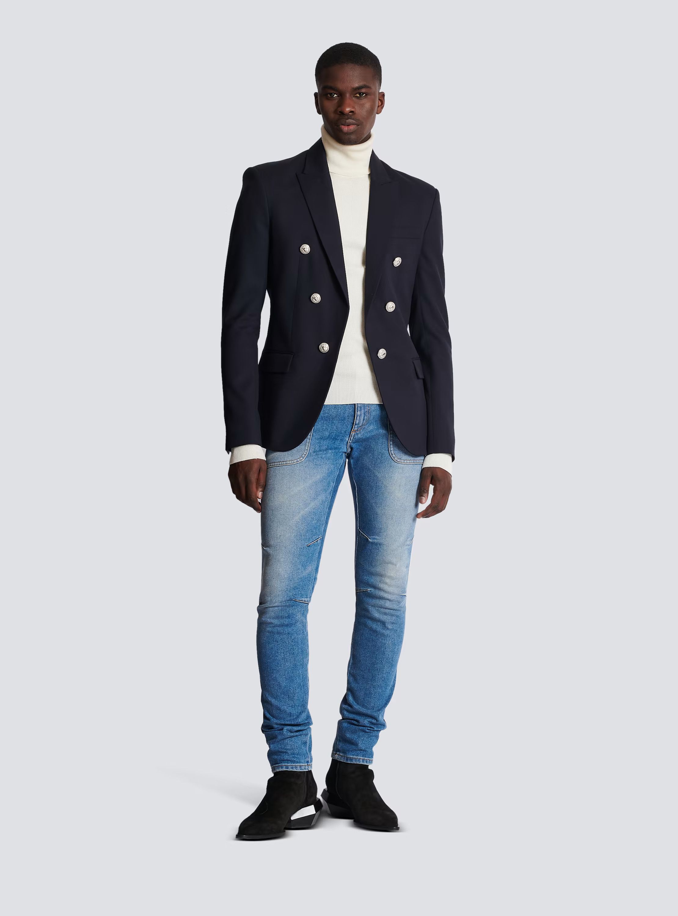 Balmain o1s1wg110125 6-Button Wool Jacket in Navy Blue Size US L / EU 52-54 / 3 - 2 Thumbnail