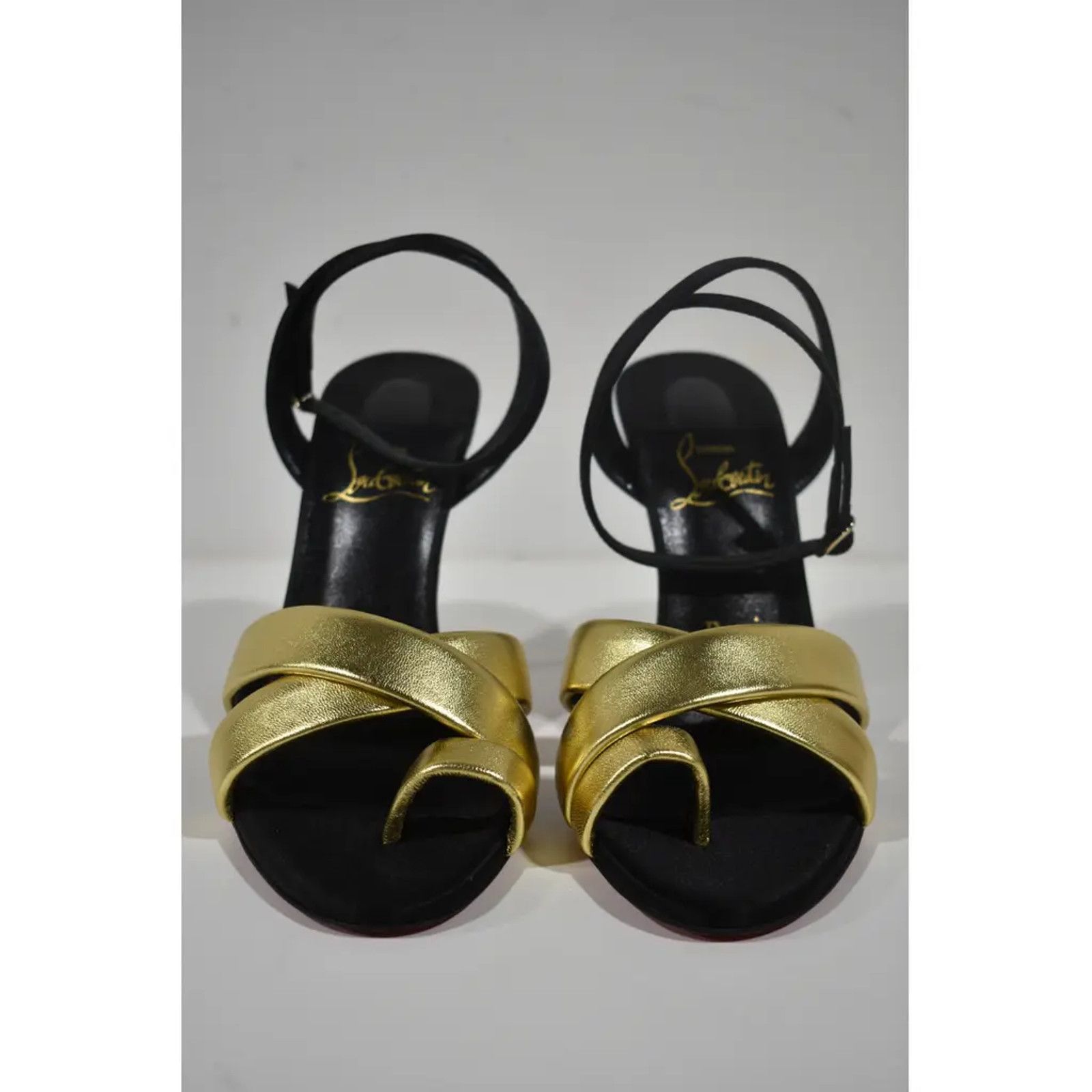 Christian Louboutin Just Me 100 Black Gold Sandal Ankle Strap Open Heel Pump 37 Size US 7 / IT 37 - 6 Thumbnail
