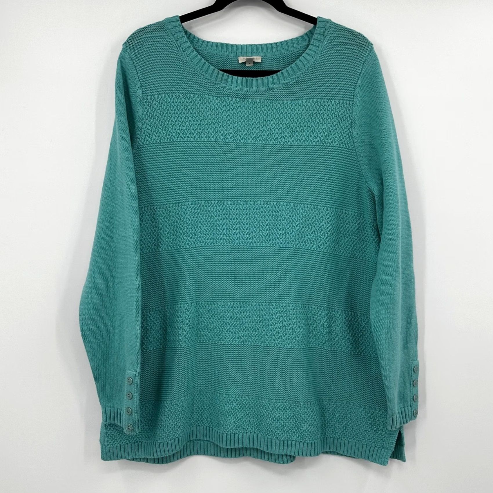 Talbots Talbots Womens Sweater Teal Blue Textured Knit Crew Neck Button Sleeve 100% Cotton Size XL / US 12-14 / IT 48-50 - 2 Thumbnail