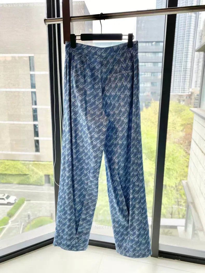 Fendi Fendi Cotton Navy Print Logo Wide Leg Pants Size 27" / US 4 / IT 40 - 3 Thumbnail