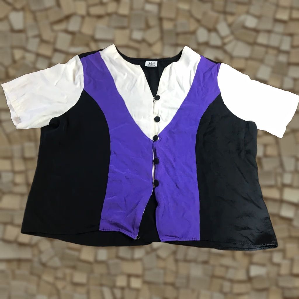 Vintage Maccie Lawrence Shirt Women's Plus Size 22/24 Black White Purple Button Up Size 3XL / US 20-22 - 1 Thumbnail