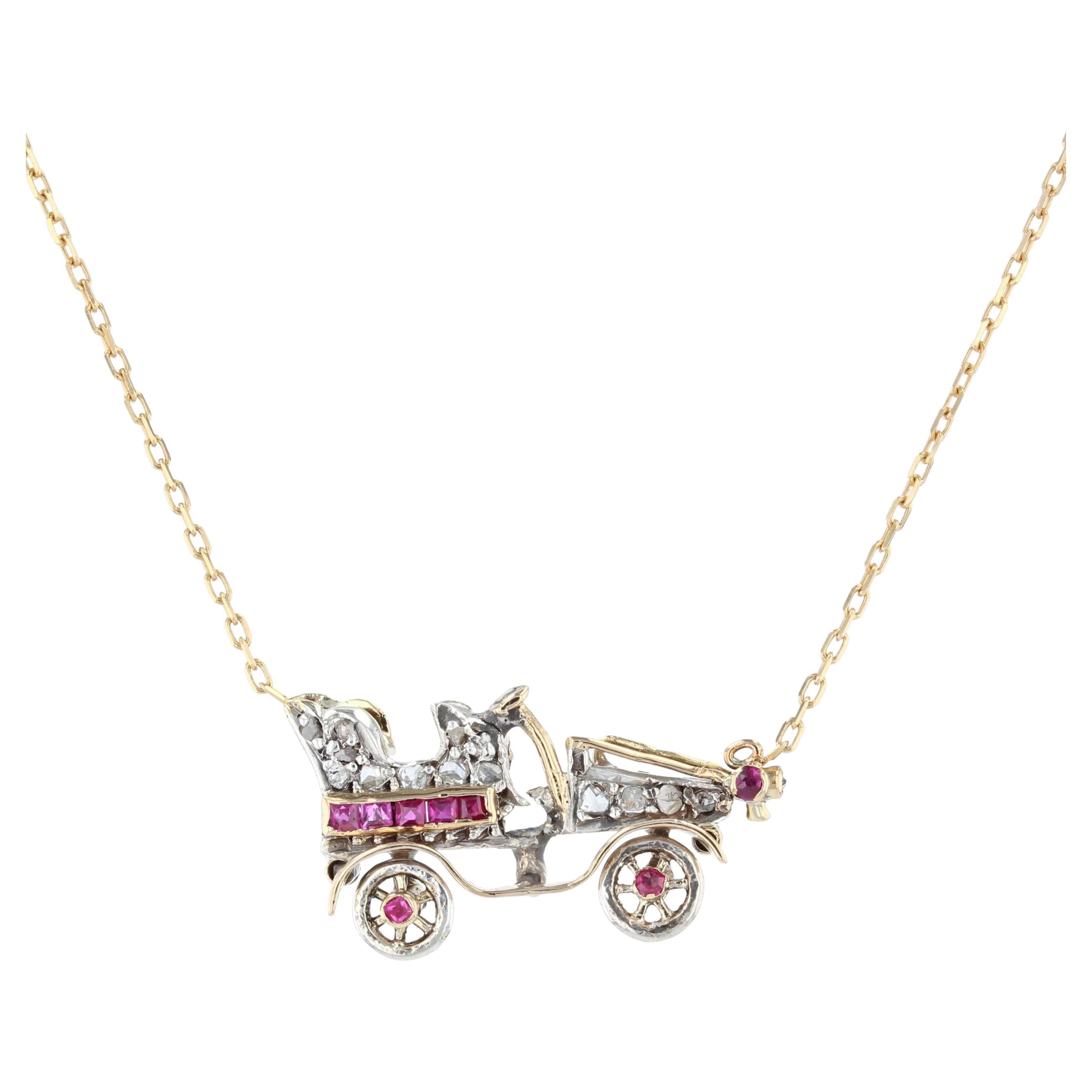 image of Vintage French 20Th Century Ruby Diamonds 18 Karat Yellow Gold Platinum Car Necklace, Women's