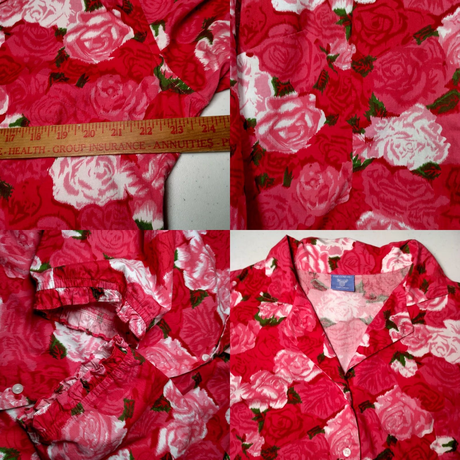 Vintage PINE CONE HILL FINE LINENS Floral Blouse XL Pink Red Roses Long Sleeve Button Front Ruffled Cuff Womens Size XL / US 12-14 / IT 48-50 - 8 Thumbnail