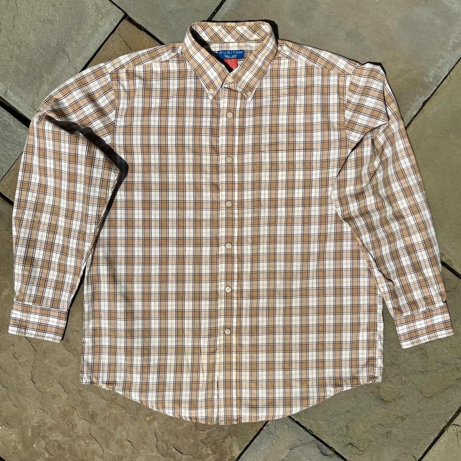 Vintage Vintage 80s Tan Brown Plaid Button Down Shirt Size US L / EU 52-54 / 3 - 1 Thumbnail