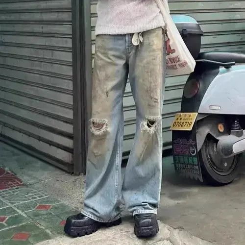 VIBE Mud Dyed Hole Baggy Jeans Hombre Frayed Ripped Trousers y2k Size US 32 / EU 48 - 1 Thumbnail