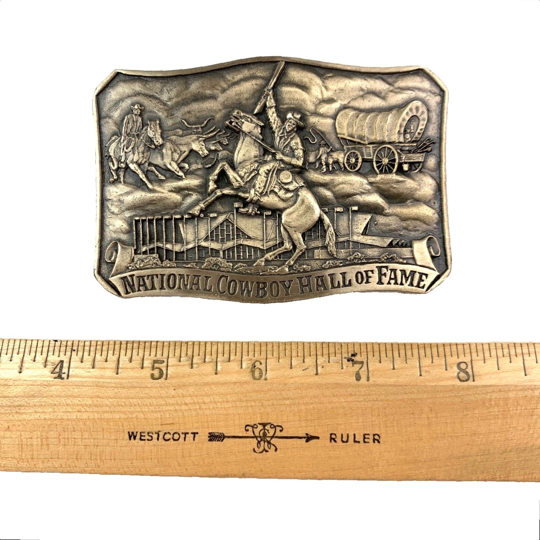 Vintage VINTAGE National Cowboy Hall Of Fame Brass Belt Buckle ADM Belt Buckle Adults Unisex 1980s Occupational Metal USA Award Design Medals Size ONE SIZE - 5 Thumbnail