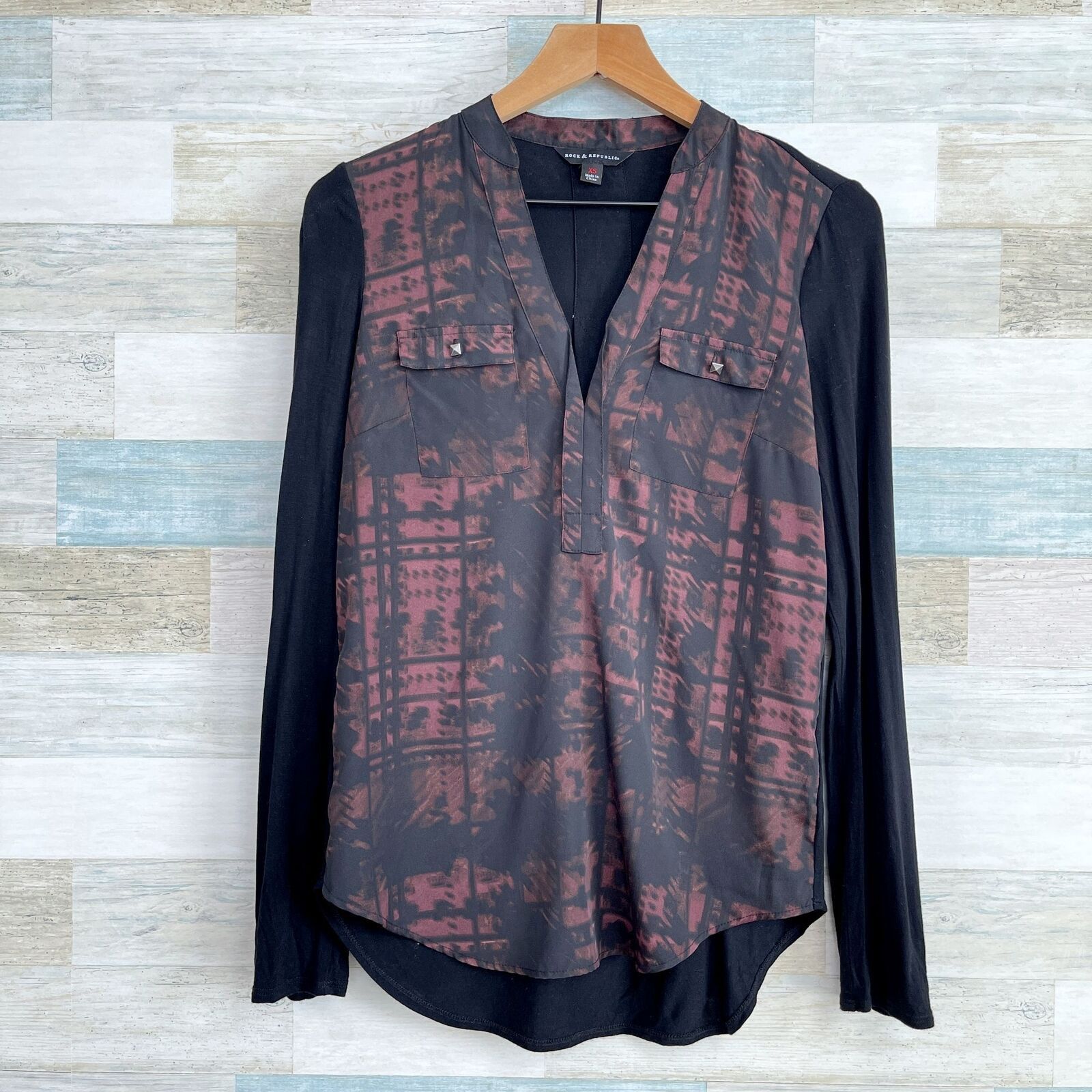 Rock & Republic Rock & Republic Mixed Media Popover Shirt Brown Black XS Size XS / US 0-2 / IT 36-38 - 1 Thumbnail