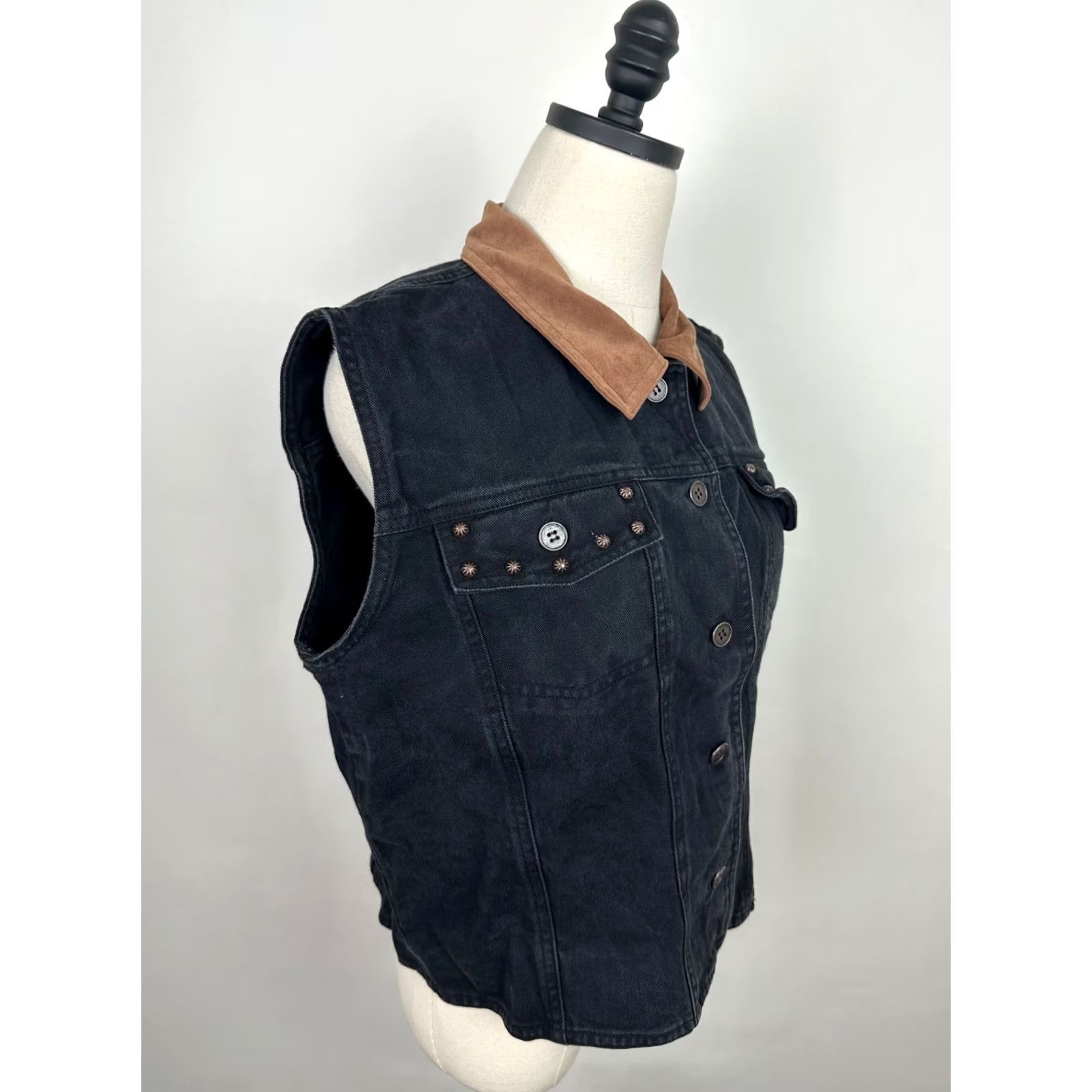 Denime VINTAGE Stonebridge Vest Western Womens XL Black Denim Faux Suede Collar Studded Size XL / US 12-14 / IT 48-50 - 7 Thumbnail