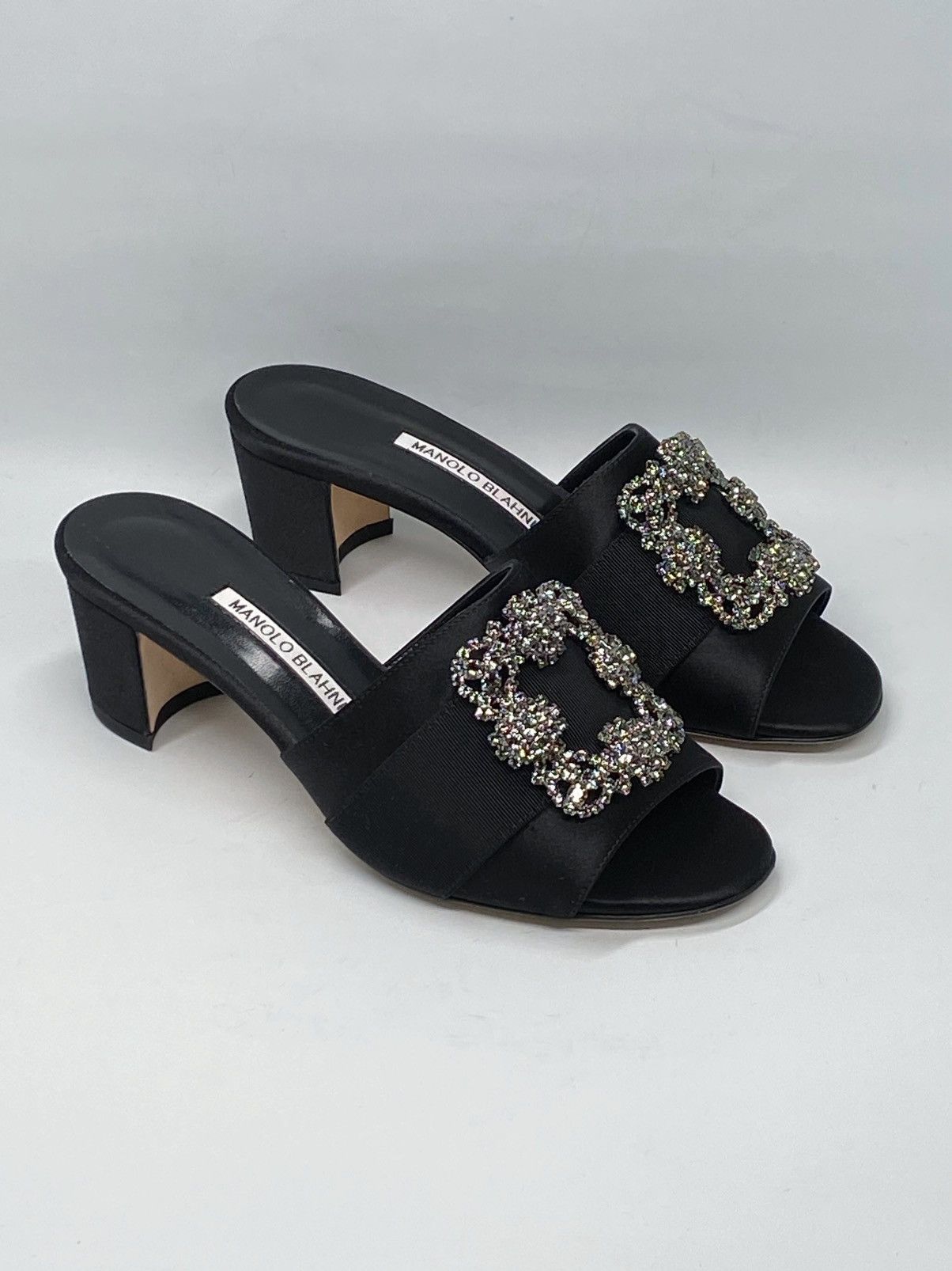 Manolo Blahnik Martanew Embellished Satin Mules size 37.5
