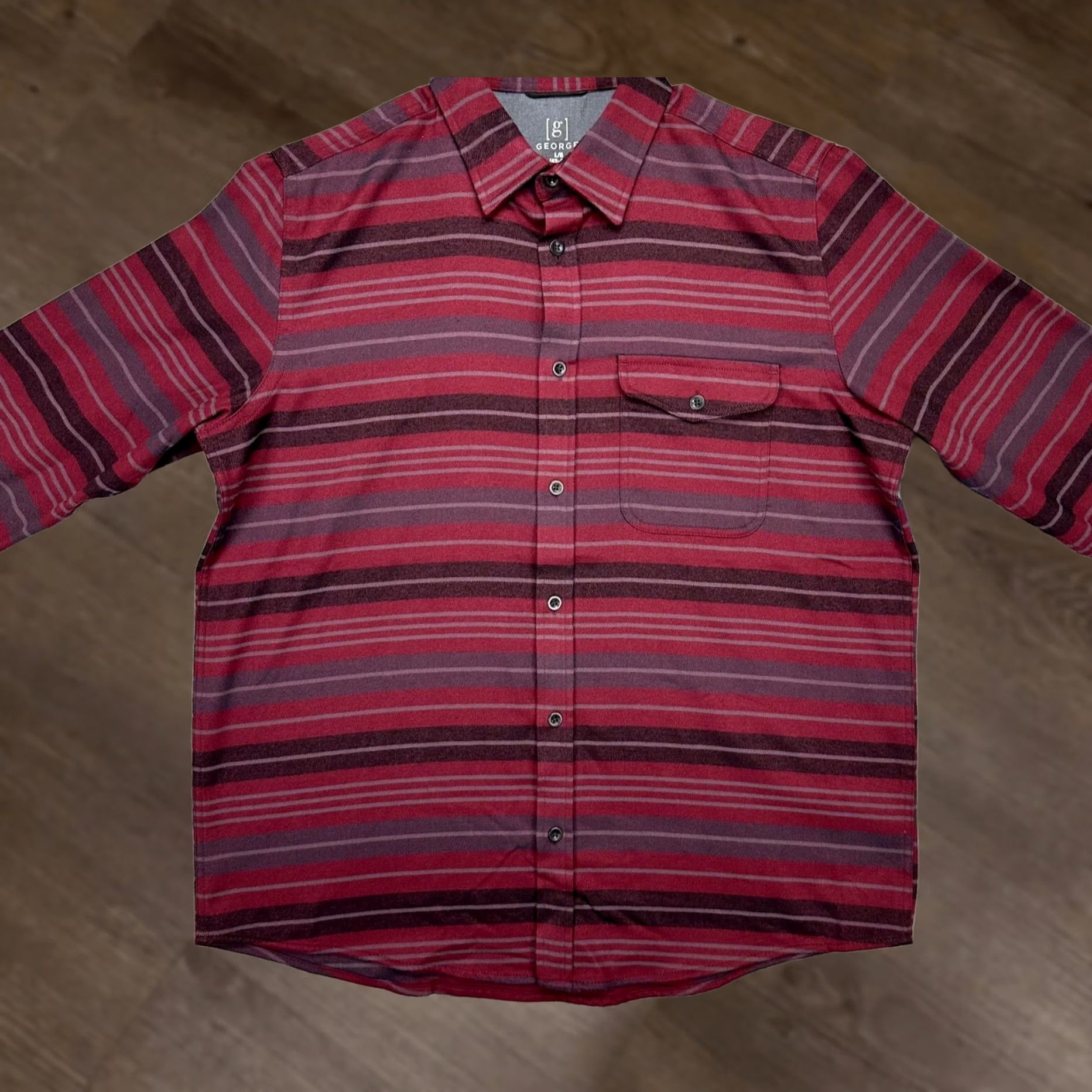 George George Mens Large Red Stripe Flannel Button Up Long Sleeve Shirt NEW Size US L / EU 52-54 / 3 - 1 Thumbnail