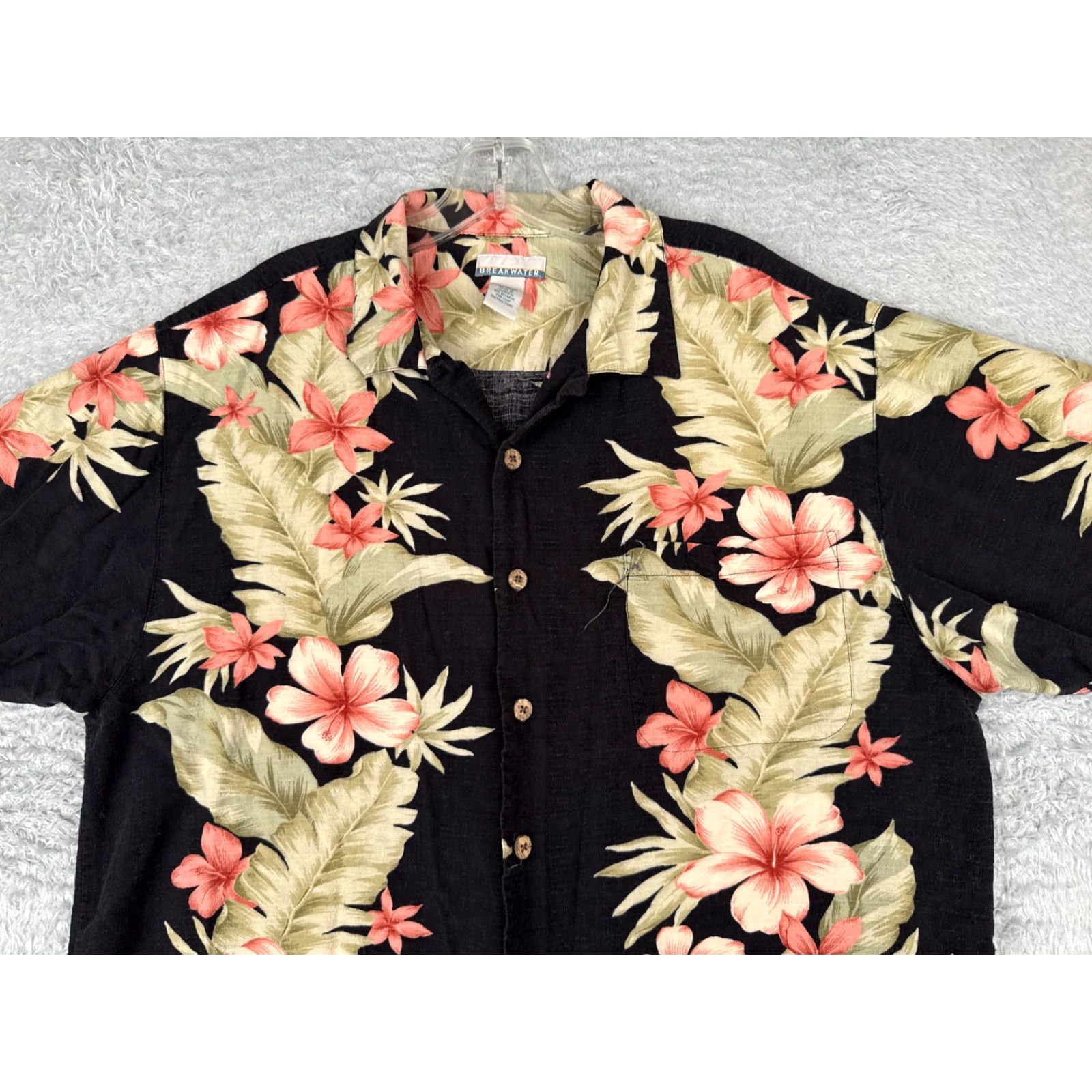 George Breakwater Shirt Men Large Black Pink Green Floral Palm Leaf 100% Rayon Pocket Size US L / EU 52-54 / 3 - 4 Thumbnail