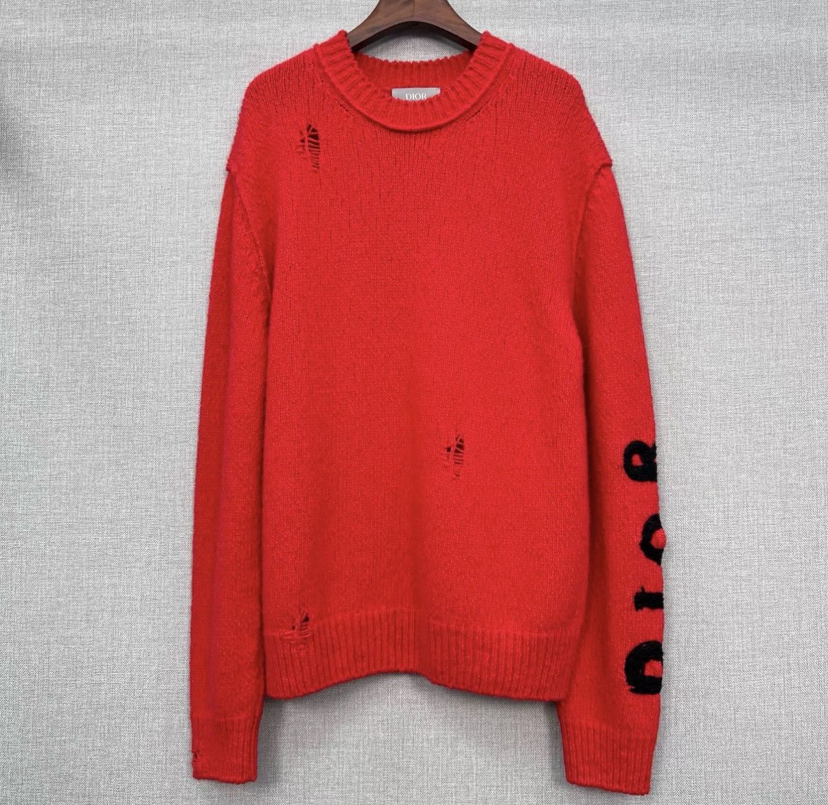 Dior Dior Red Embroidered Flocked Dinosaur Distressed Sweater Size US L / EU 52-54 / 3 - 2 Thumbnail