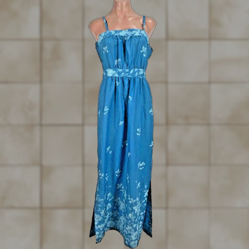 VINTAGE 1970s Young Hawaii Blue Floral Smocked Maxi Dress Size 12