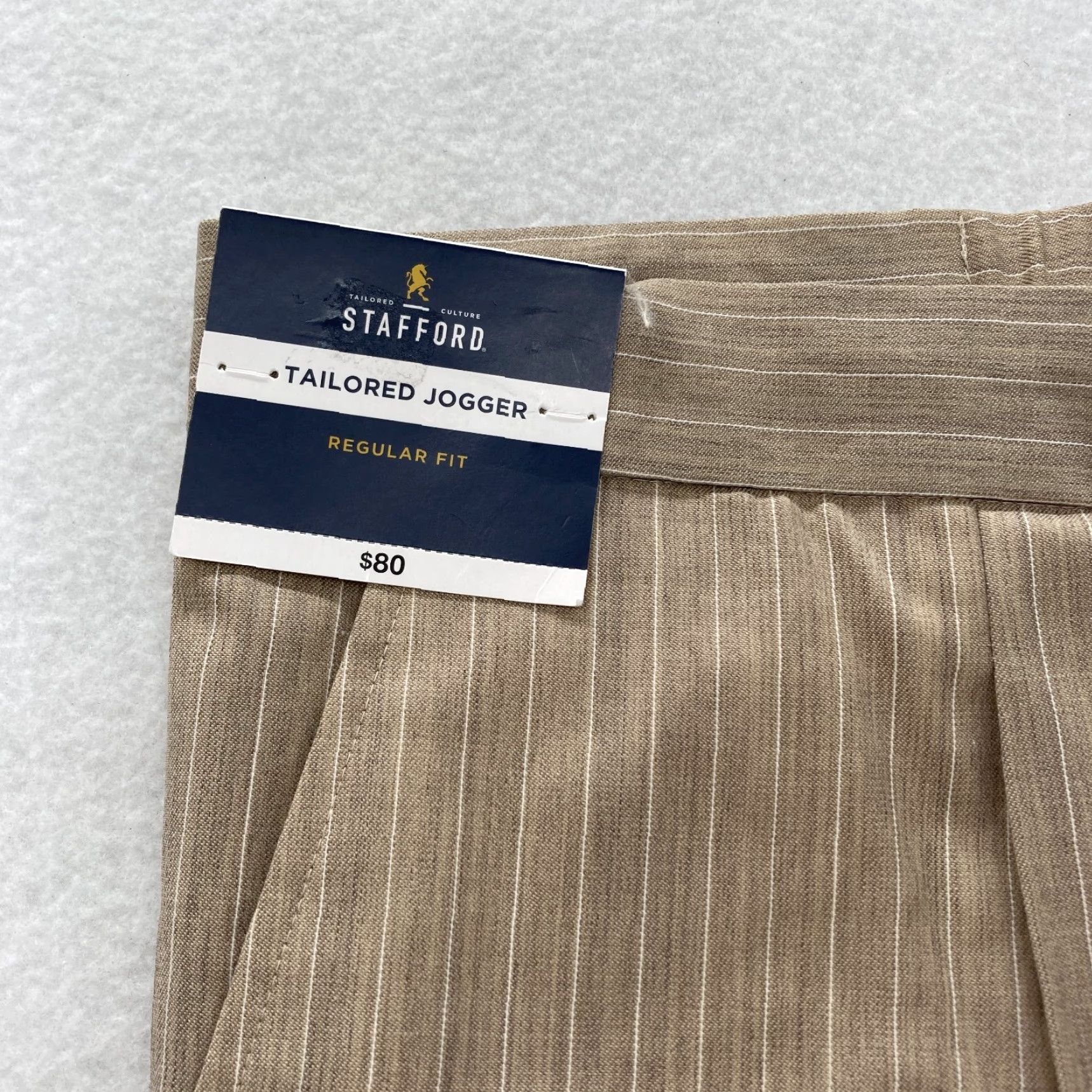 Stafford Stafford Tailored Jogger Pants Mens 44x28 Beige Striped Wool Stretch Drawstring Size US 44 / EU 60 - 4 Thumbnail