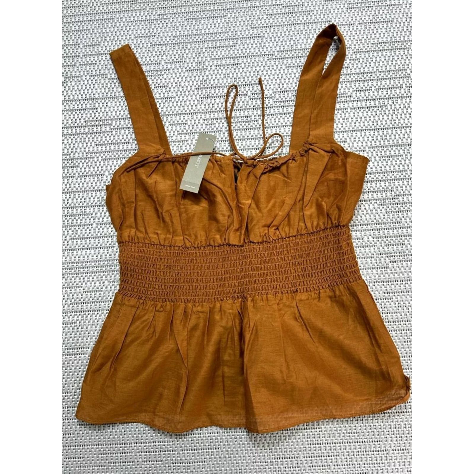 J.Crew J Crew Smocked Waist Tank Top Womens XS Brown Cotton Tie Front Peplum Hem New Size XS / US 0-2 / IT 36-38 - 2 Thumbnail