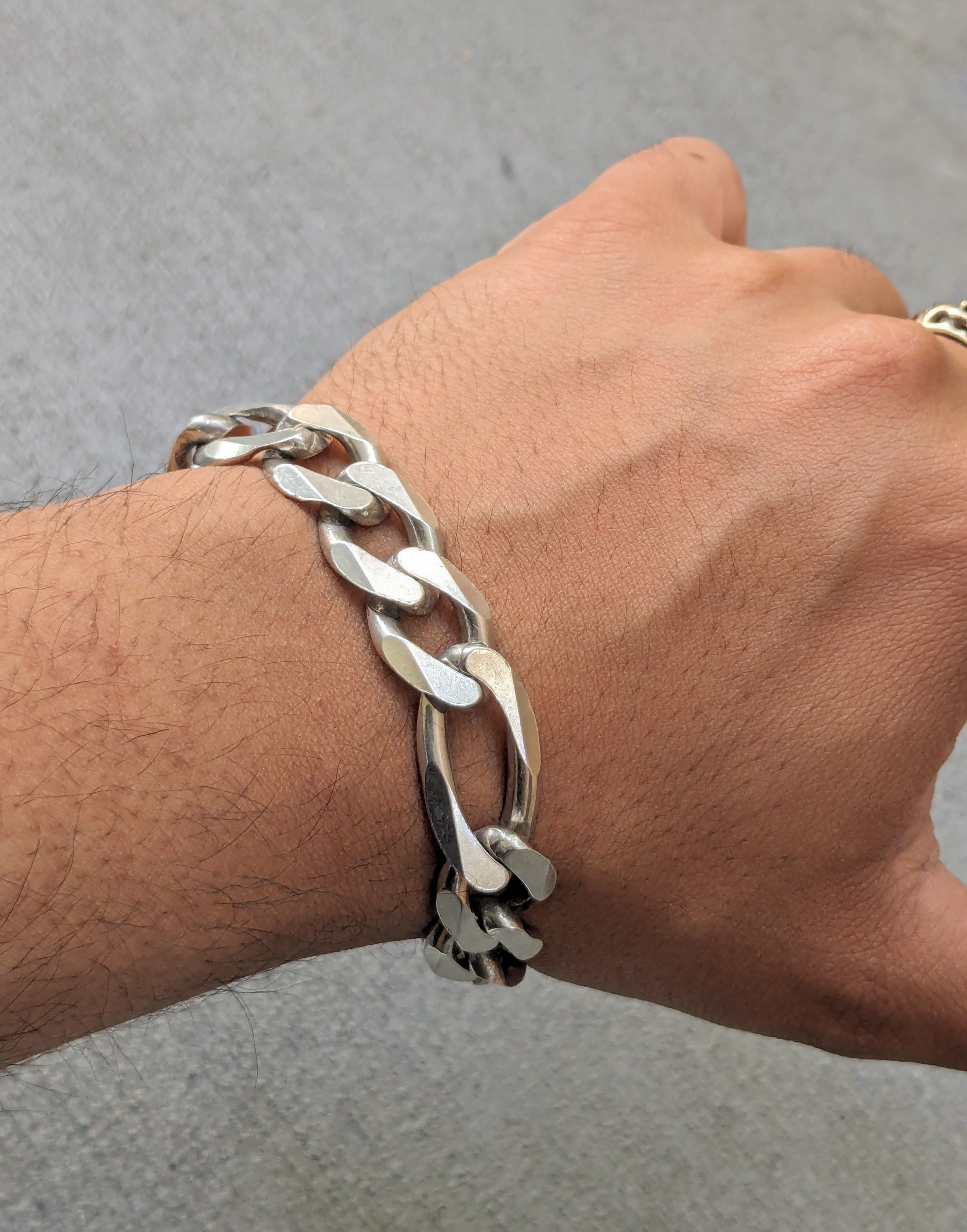 image of Jewelry x Vintage Sterling Silver Figaro Bracelet 9.75" Chunky Thick in Silver Gray, Men's