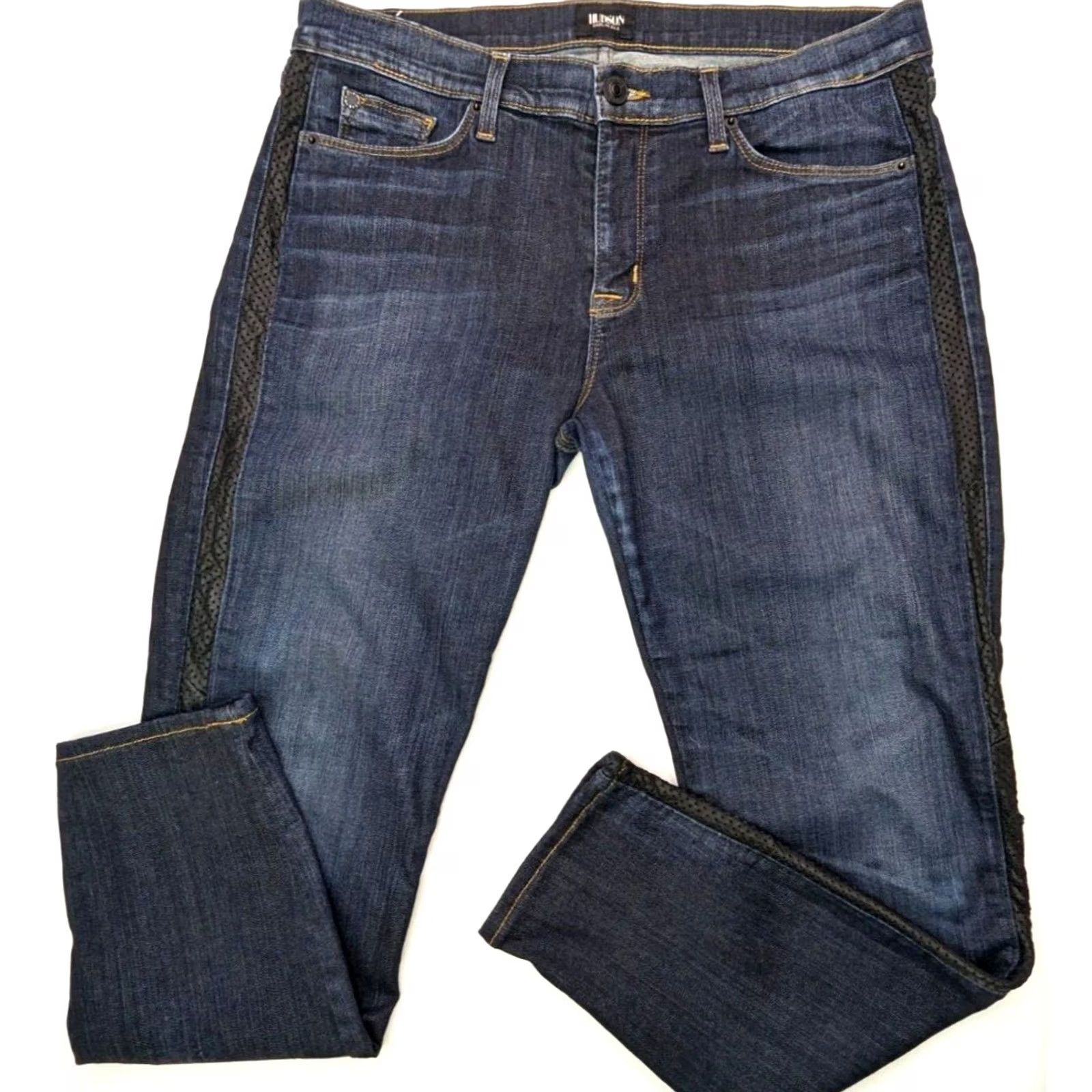Hudson Hudson Ava Skinny Crop Jeans Women 34x27 Leather Stripe Denim Blue Stretch 5-Pocket Regular Rise Cotton Blend Dark Wash Size 24" / US 00 / IT 34 - 3 Thumbnail