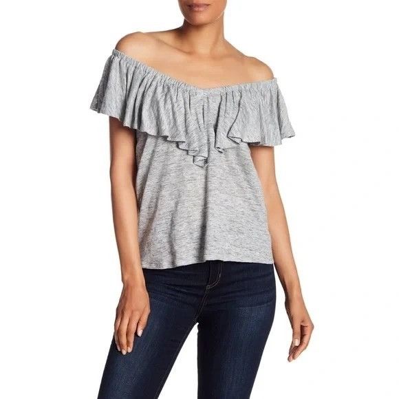 Rebecca Taylor Rebecca Taylor Heather Grey Linen Ruffled Draped Off-Shoulde Size XS / US 0-2 / IT 36-38 - 1 Thumbnail