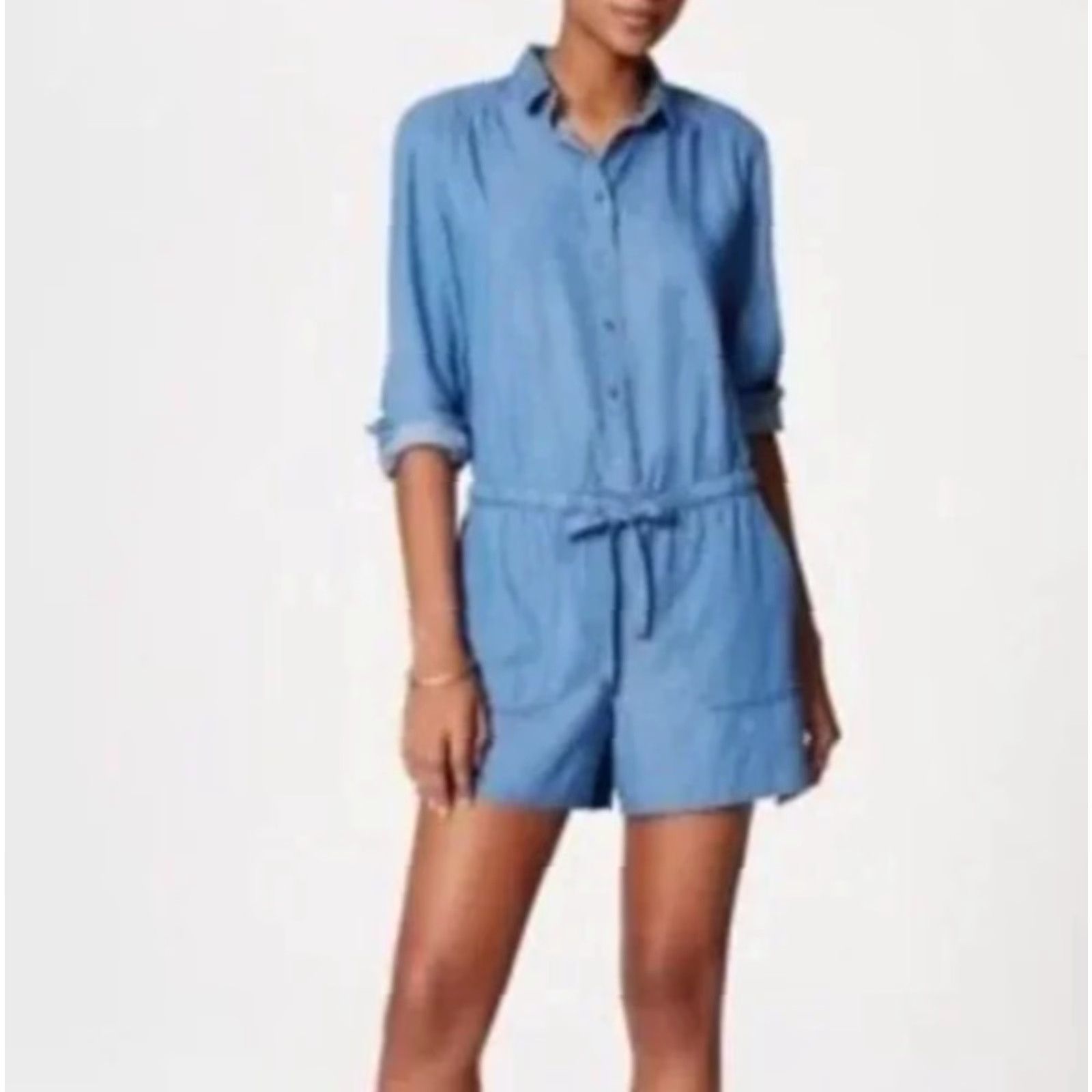 Ann Taylor Ann Taylor Loft Womens Blue Chambray Long Sleeve Romper-Size XL Size XL / US 12-14 / IT 48-50 - 2 Thumbnail