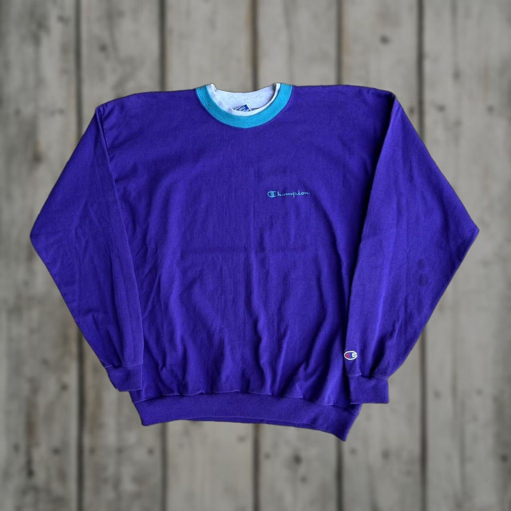 VINTAGE Champion Reverse Weave Sweatshirt Spell Out Ringer Crewneck Made In USA XL Purple Unisex Adults 90s Classic