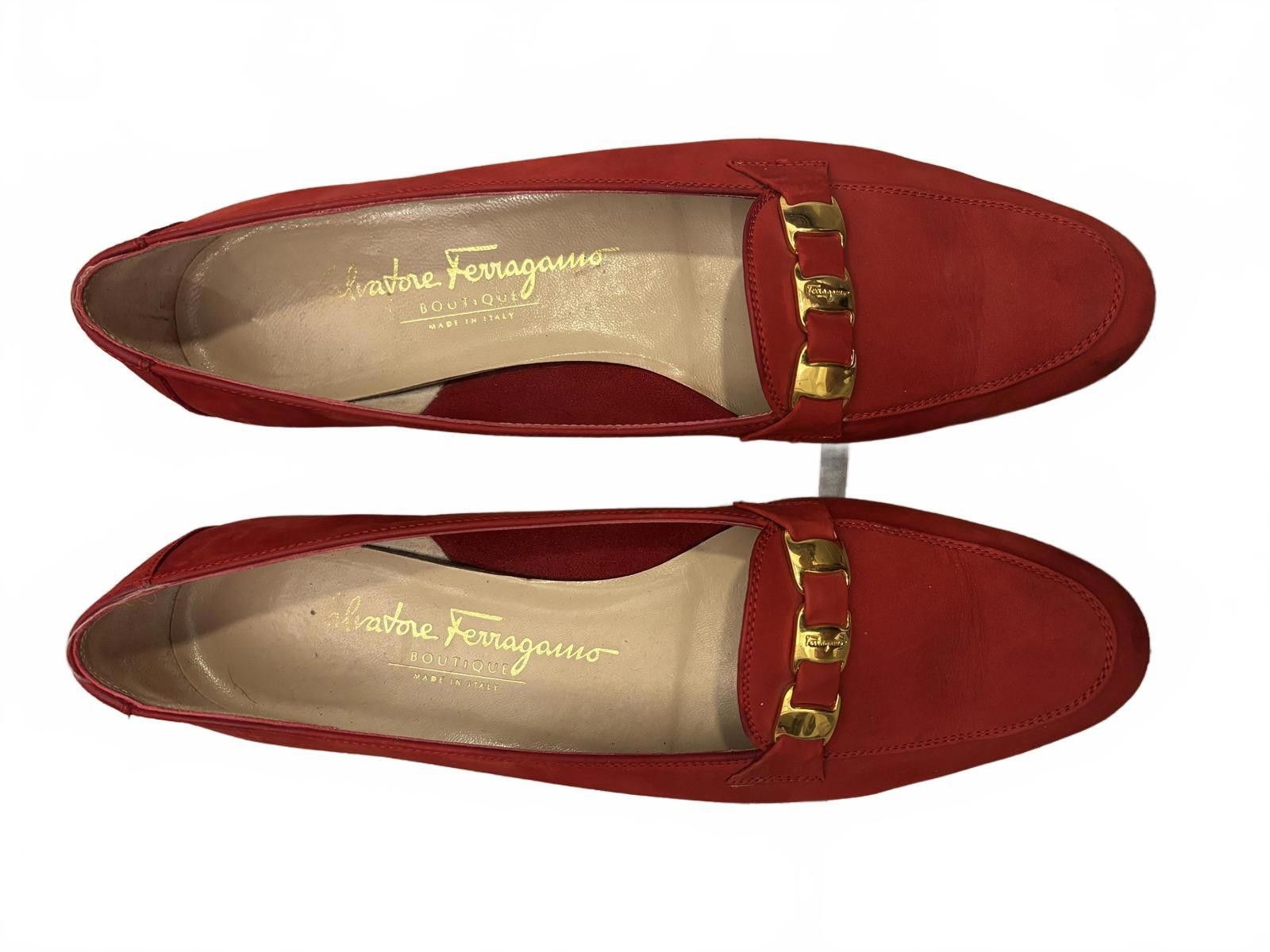 Salvatore Ferragamo Salvatore Ferragamo Nubuck Red Suede Loafers Gold Buckle Size US 7.5 / IT 37.5 - 1 Thumbnail