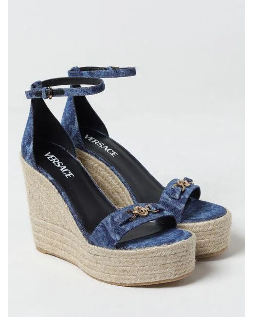 Versace o1s22i1n1024 Denim Barocco Wedge Sandals in Blue Size US 7 / IT 37 - 2 Thumbnail