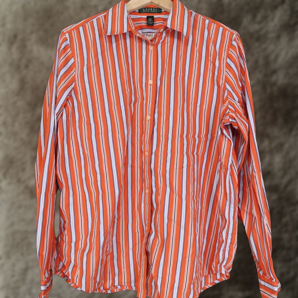 Ralph Lauren LAUREN RALPH LAUREN LONG SLEEVE ORANGE STRIPED BUTTON-UP SHIRT WOMENS SIZE L Size L / US 10 / IT 46 - 1 Thumbnail