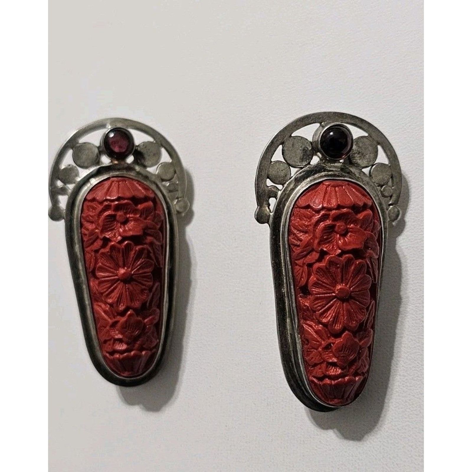 Other Vintage Sajen Silver Carved Cinnabar Garnet Clip On Earrings Size ONE SIZE - 5 Thumbnail
