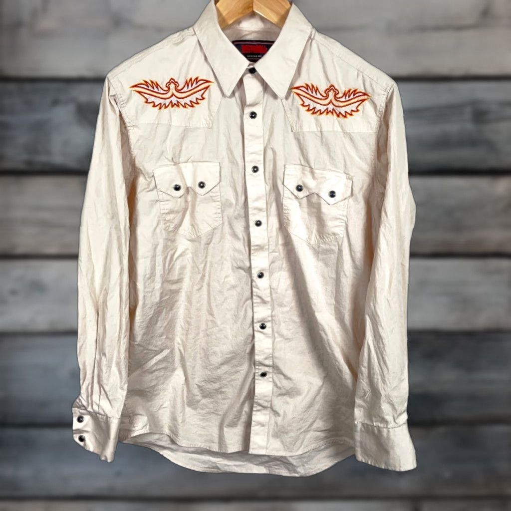 Denime VINTAGE Rock & Roll Denim Western Shirt Mens Large Beige Embroidered Pearl Snap Sawtooth Size US L / EU 52-54 / 3 - 1 Thumbnail
