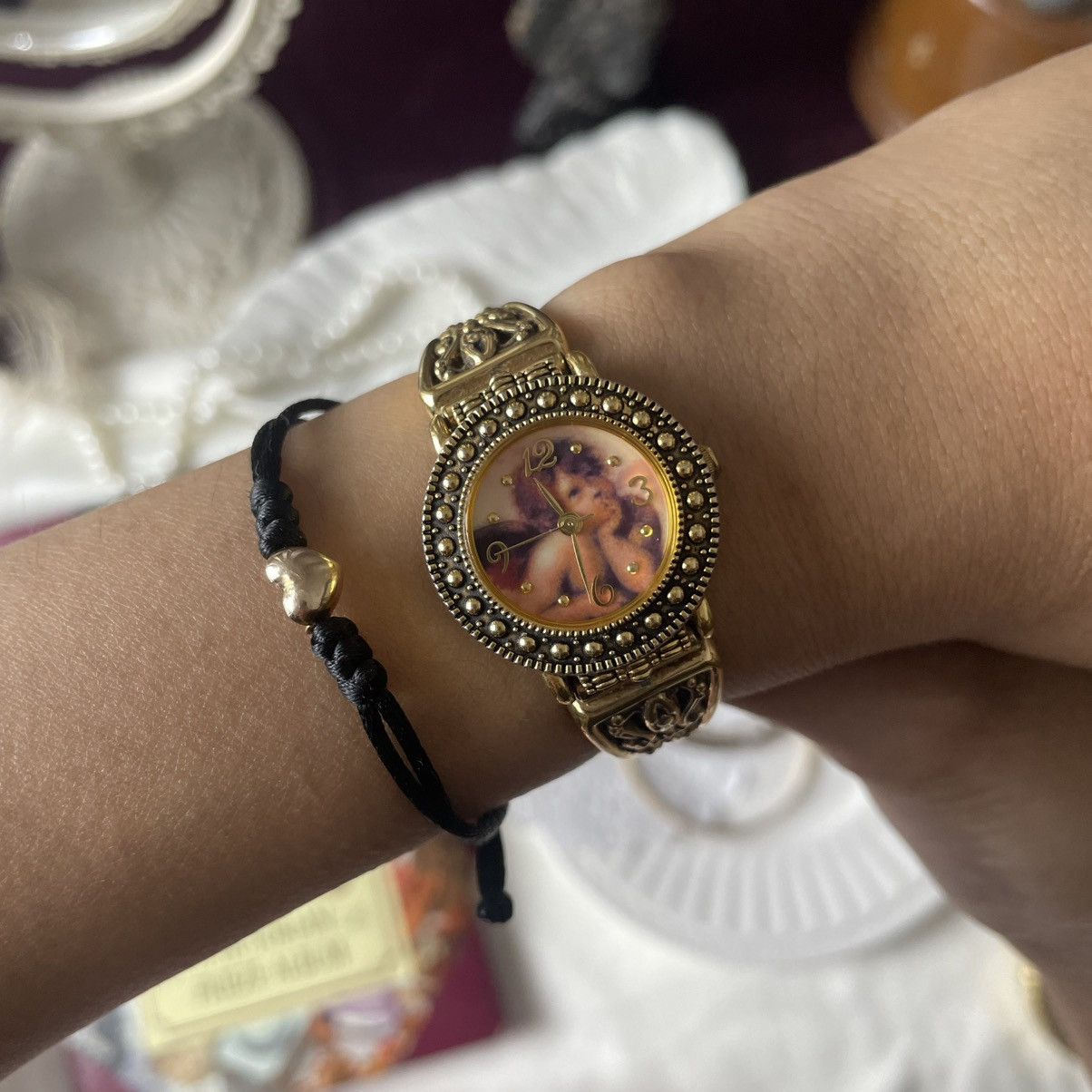 Vintage Seiko Gold Tone Cherub Women\'s Bracelet Watch Seiko Vintage Watch Featuring Raphael main image 2