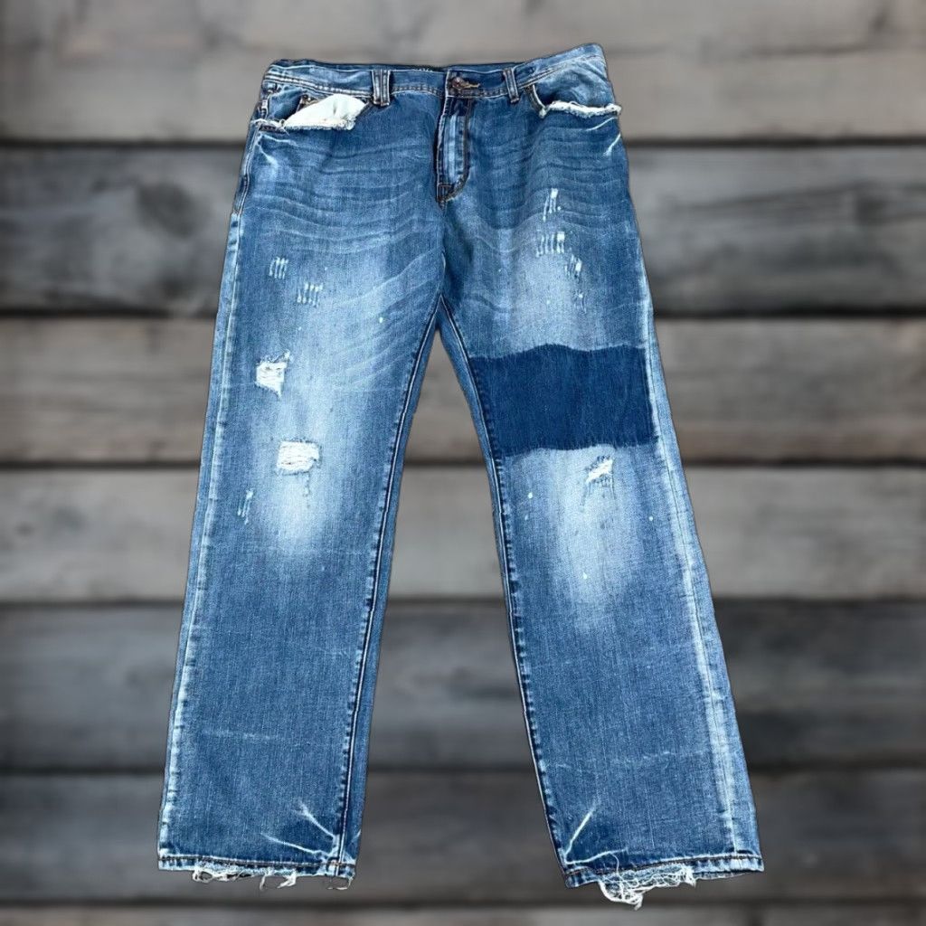 Vintage VINTAGE AKOO Patchwork Distressed Jeans Men's 35 x 32 Blue Tapered Jeans Men Regular 90s Hip Hop Retro Size US 35 - 1 Thumbnail