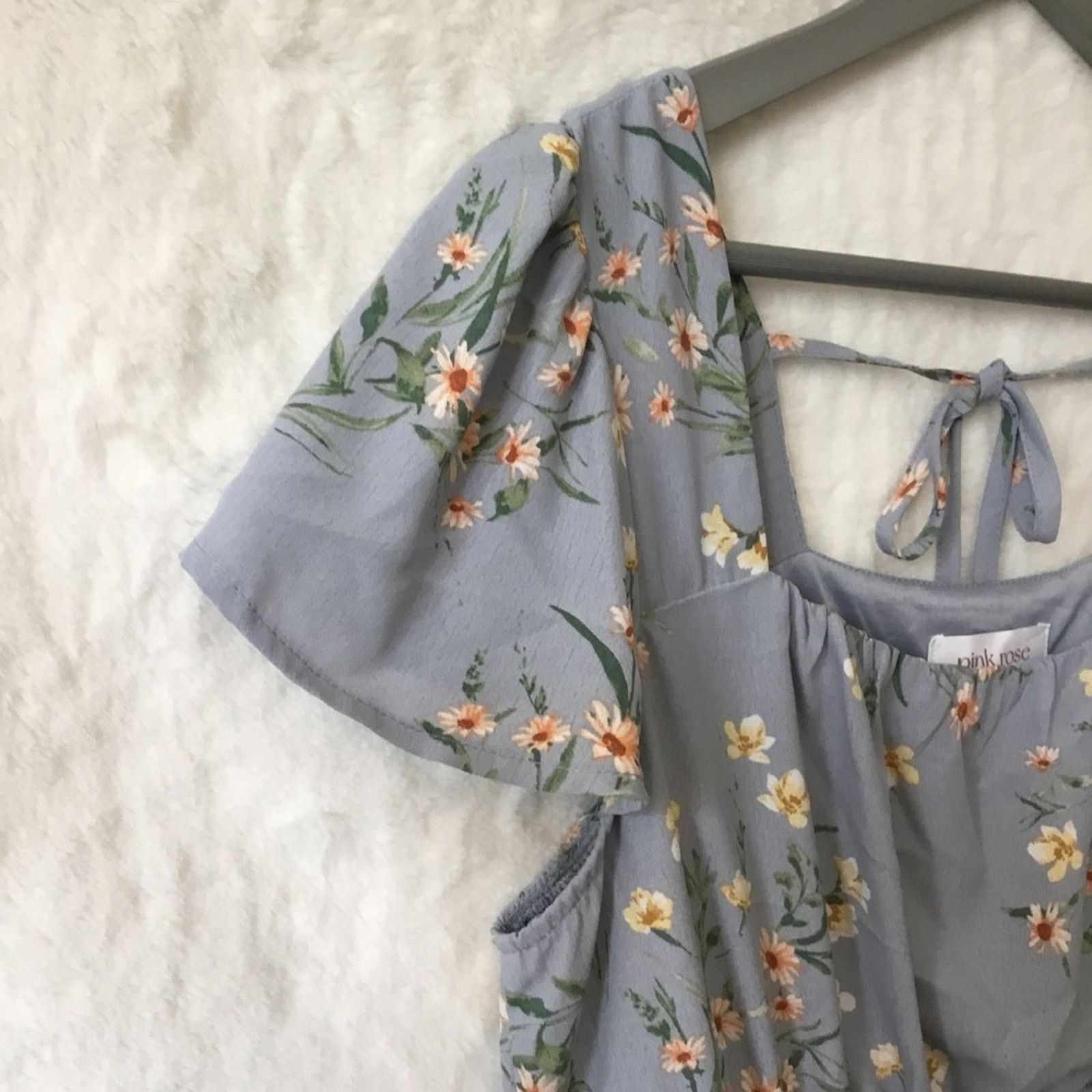 Other Pink Rose Blue Floral Smocked Waist Flutter Sleeve Dress Size L / US 10 / IT 46 - 2 Thumbnail