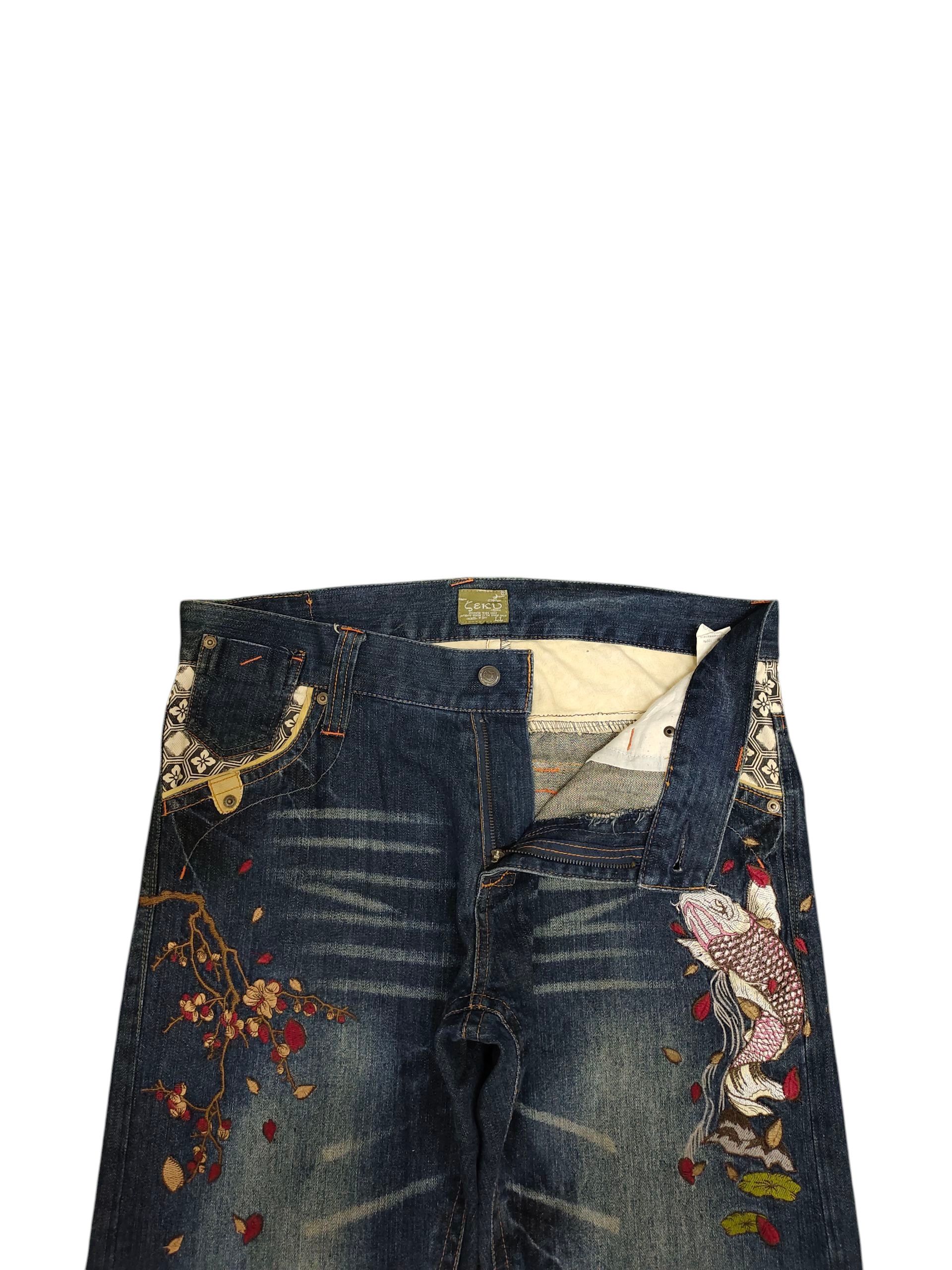 Karakuri Tamashii Vintage Seku Sukajan Koi Embroidered Denim Jeans Karakuri Size US 35 - 7 Thumbnail