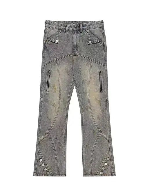 Japanese Brand Retro distressed yellow mud-dyed straight-leg zipper jeans Size US 32 / EU 48 - 4 Thumbnail