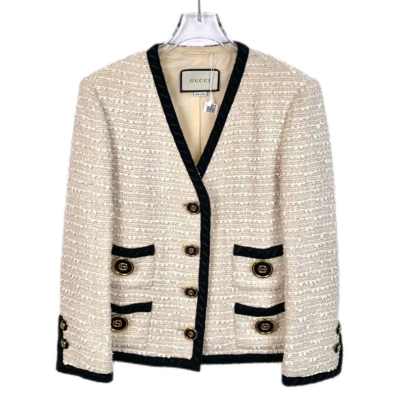 Gucci Gucci Size 38 Beige cotton V-neck single-breasted small fra Size US XXS / EU 40 - 1 Thumbnail