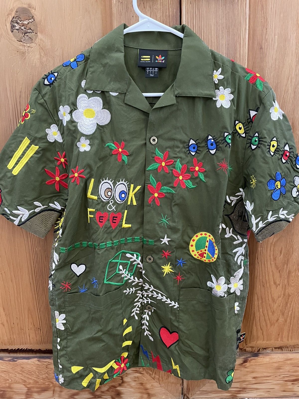 Image of Adidas X Humanrace Pharrell Camp Button Up Shirt in Green, Men's (Size Small)