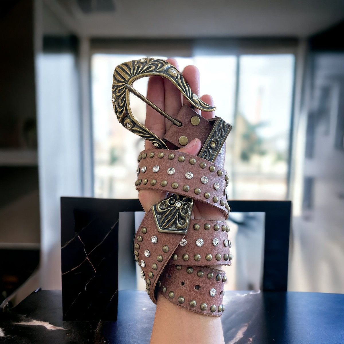 Affliction × If Six Was Nine × Le Grande Bleu (L.G.B.) Vintage Bianro Dagger Rhinestones Studded Brass Leather Belt Size ONE SIZE - 1 Thumbnail