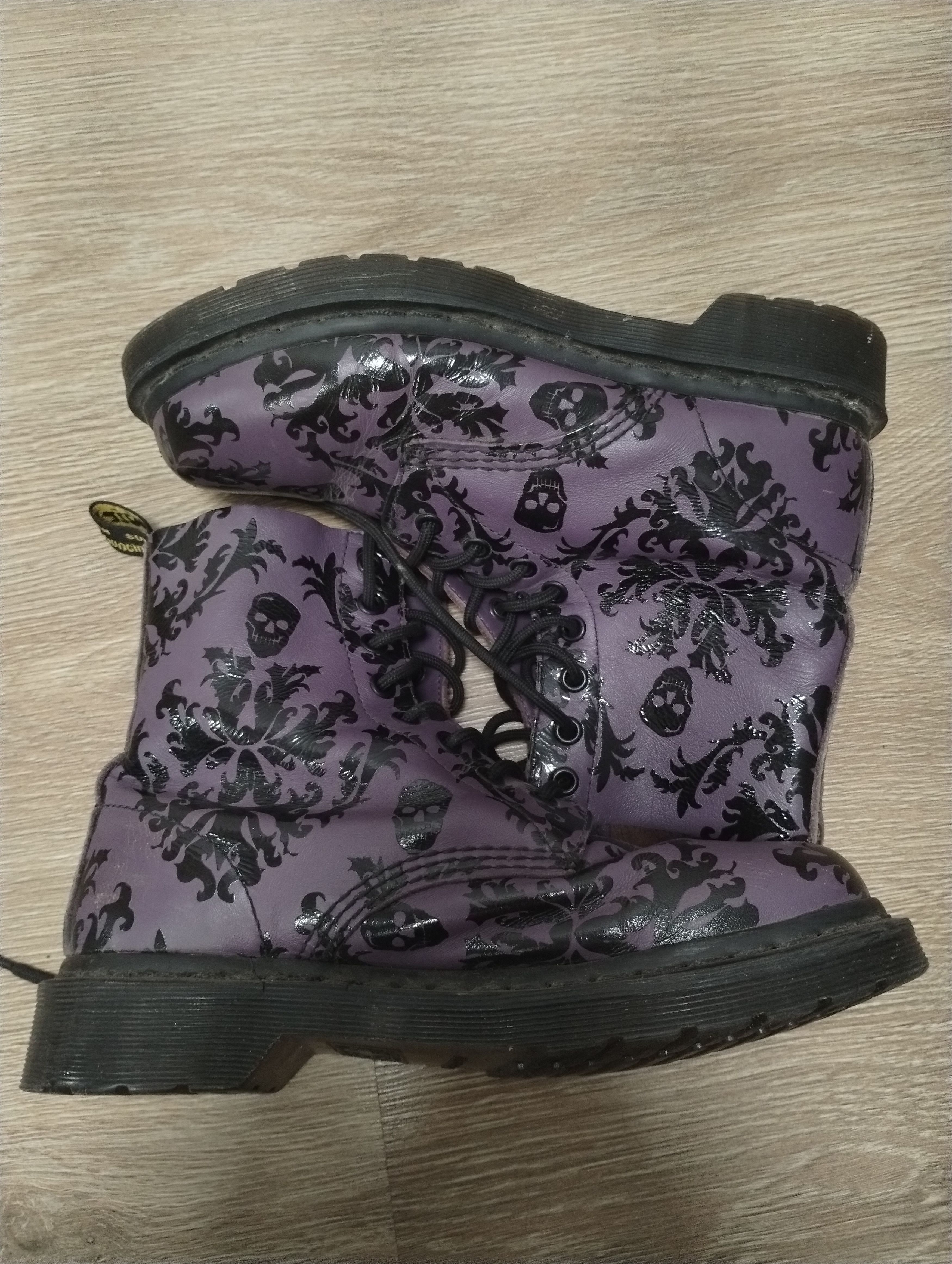 image of Dr Martens Skull Print Boots in Purple, Women's (Size 7)