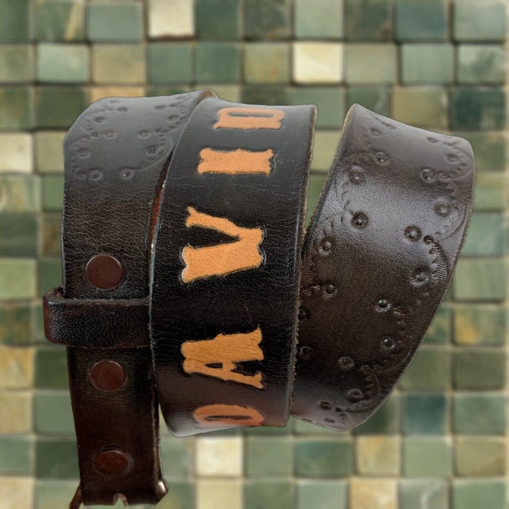 Vintage VINTAGE Leather Belt 34 Dark Brown Mens Size 34 Embossed DAVID Personalized 1.25" Size 34 - 1 Thumbnail