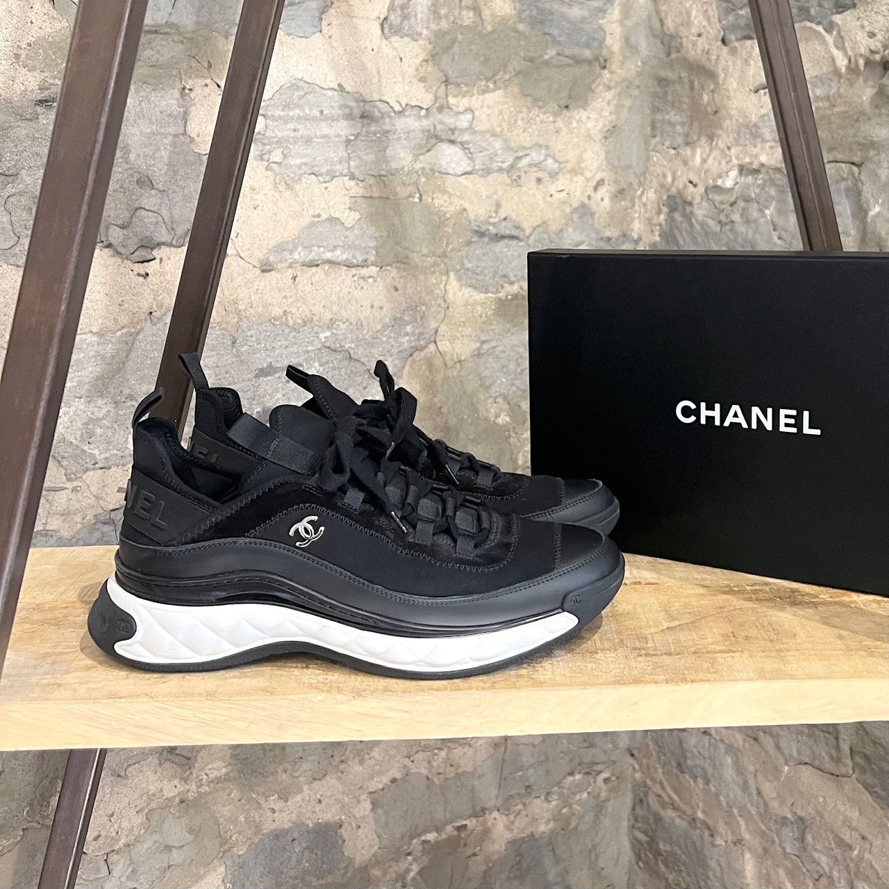 image of Chanel Black Suede Neoprene Interlocking Cc Trainer Sneakers, Men's (Size 11)