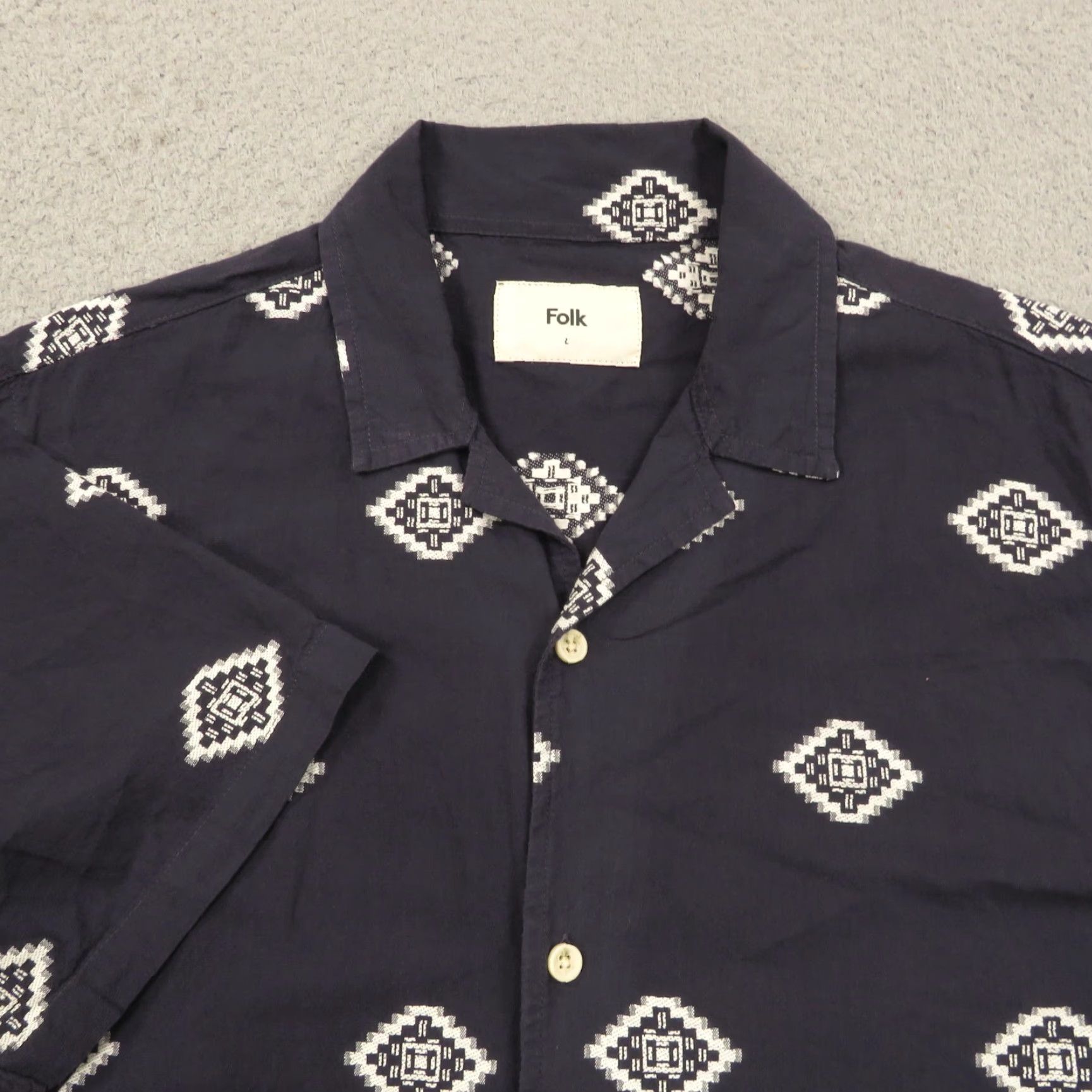 Folk Folk Shirt Mens Large Navy Cotton White Jacquard Woven Aztec Print Camp Collar Size US L / EU 52-54 / 3 - 4 Thumbnail