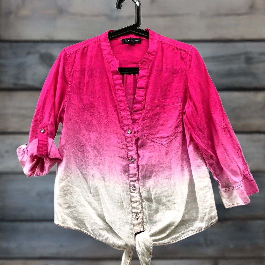 Vintage INC International Concepts Shirt Womens 6 Pink Tie Dye Tie Front 100% Linen 3/4 Sleeve Button Up Knit Brand: INC International Concepts Size M / US 6-8 / IT 42-44 - 1 Thumbnail