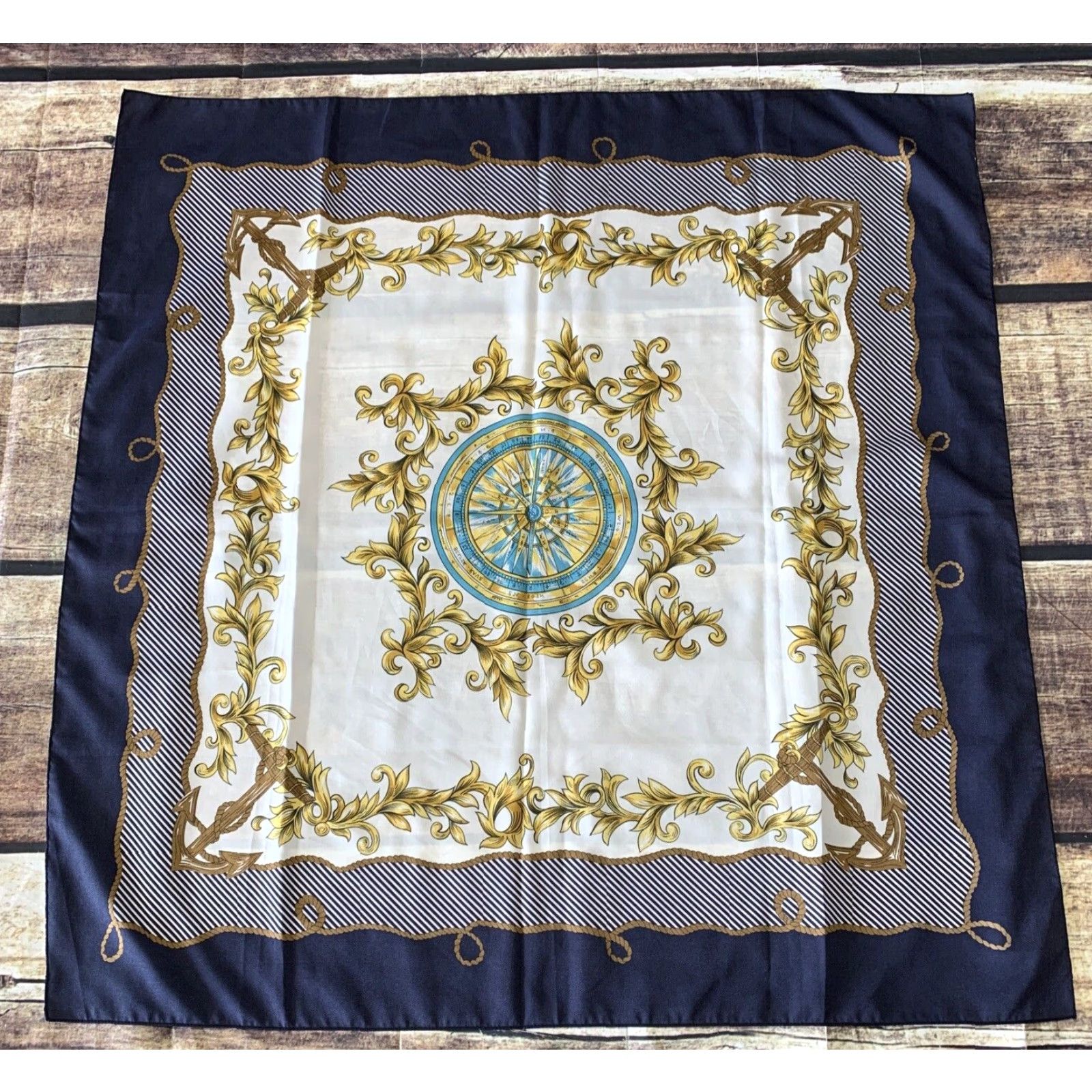Vintage Womens Scarf Nautical Navy Blue Compass Anchors Fashion Polyester Sheer 30 x 30 Size ONE SIZE - 5 Thumbnail