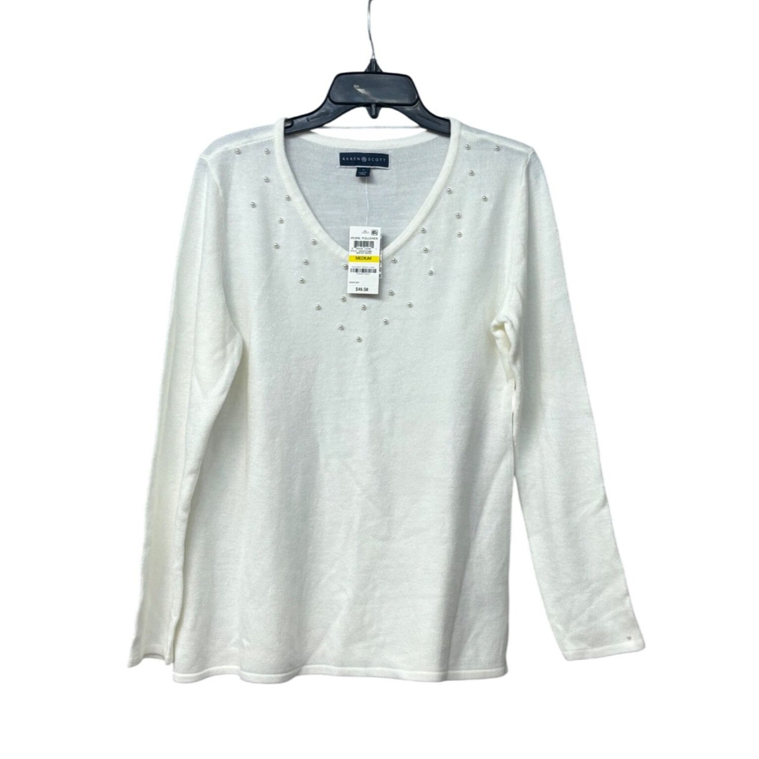 Other Karen Scott Luxsoft Faux-Pearl V-neck sweater, Winter White Size M / US 6-8 / IT 42-44 - 1 Thumbnail