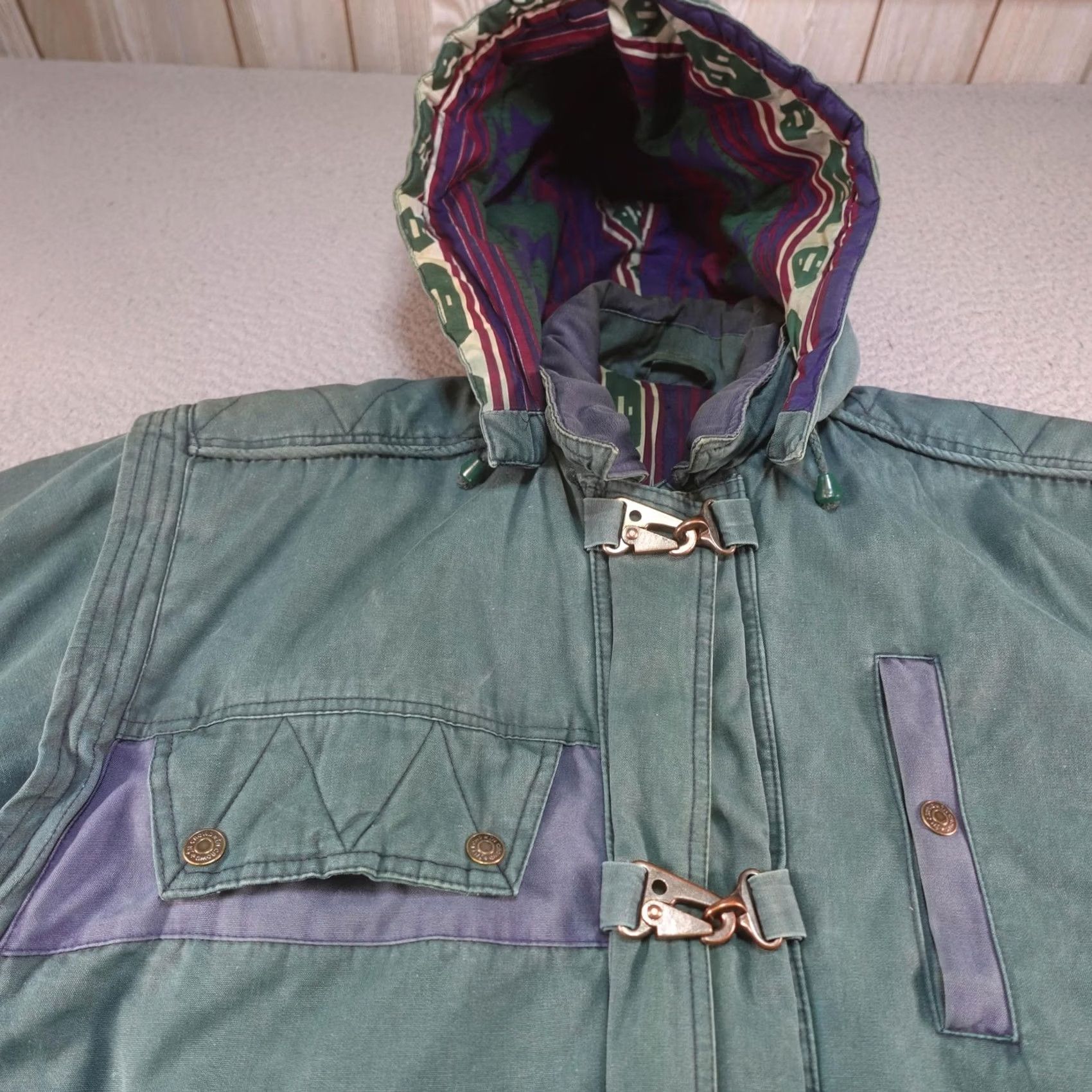 Vintage VINTAGE In Crowd Jacket Mens S Green Canvas Parka Hooded Insulated Lined Pockets Tribal Aztec Pattern Sailor/Outdoor Winter Coat Size US S / EU 44-46 / 1 - 5 Thumbnail