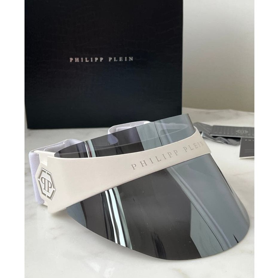 image of New Philipp Plein Spp033S Sun Visor In White Silver Mirror, Women's
