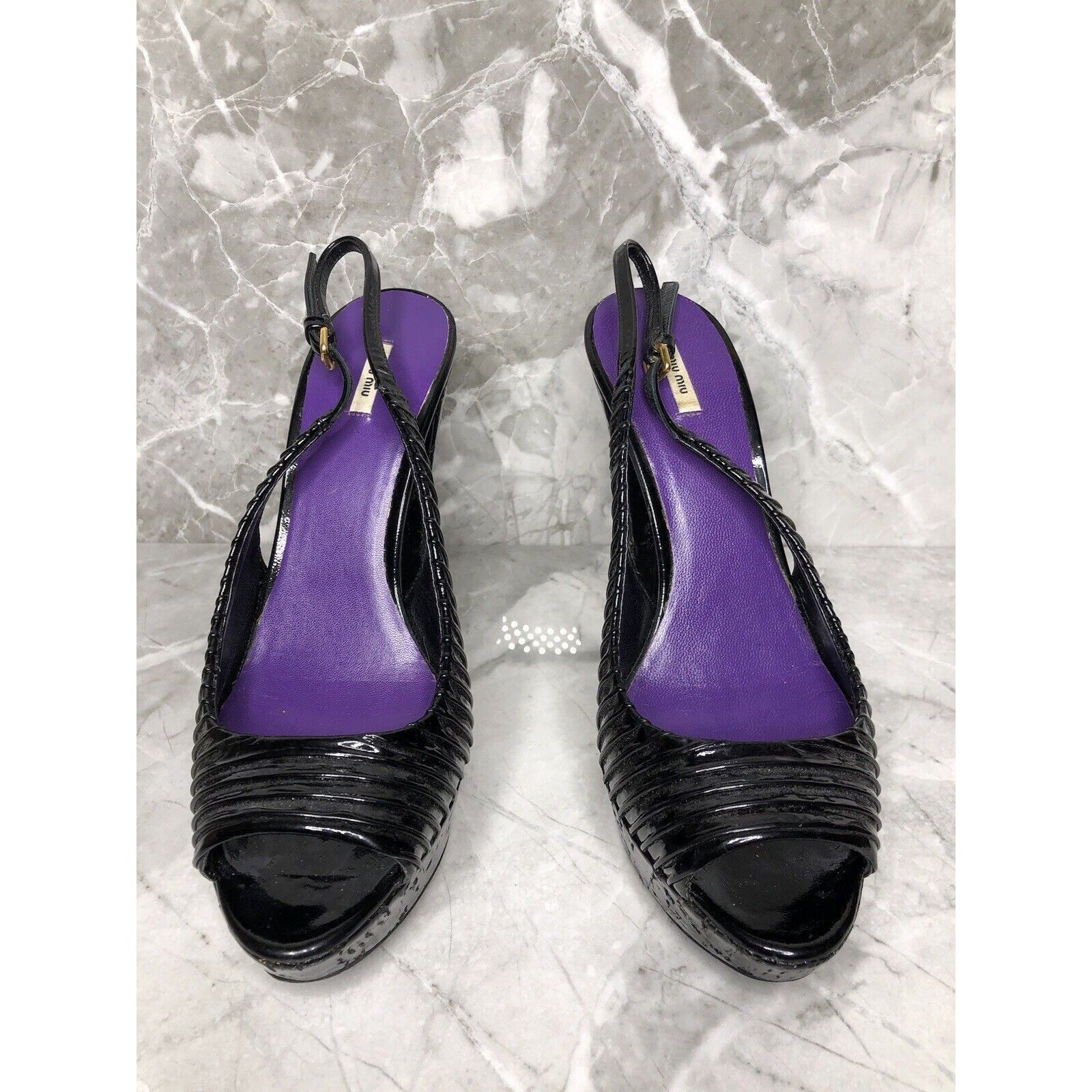Miu Miu MIU MIU Black Patent Leather Peep Ankle Strap Platform Stile Size US 8 / IT 38 - 14 Thumbnail