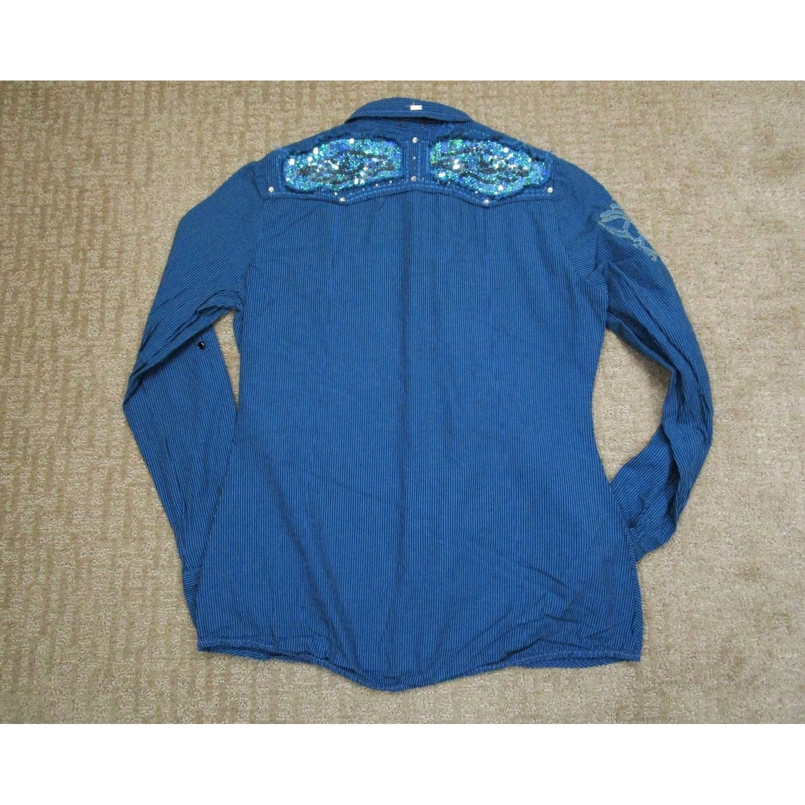 Roar Roar Shirt Women M Blue Striped Western Pearl Snap Beaded Embroidered Rhinestone Cowboy Outdoor Rock Button-Up Y2K Style Size M / US 6-8 / IT 42-44 - 3 Thumbnail