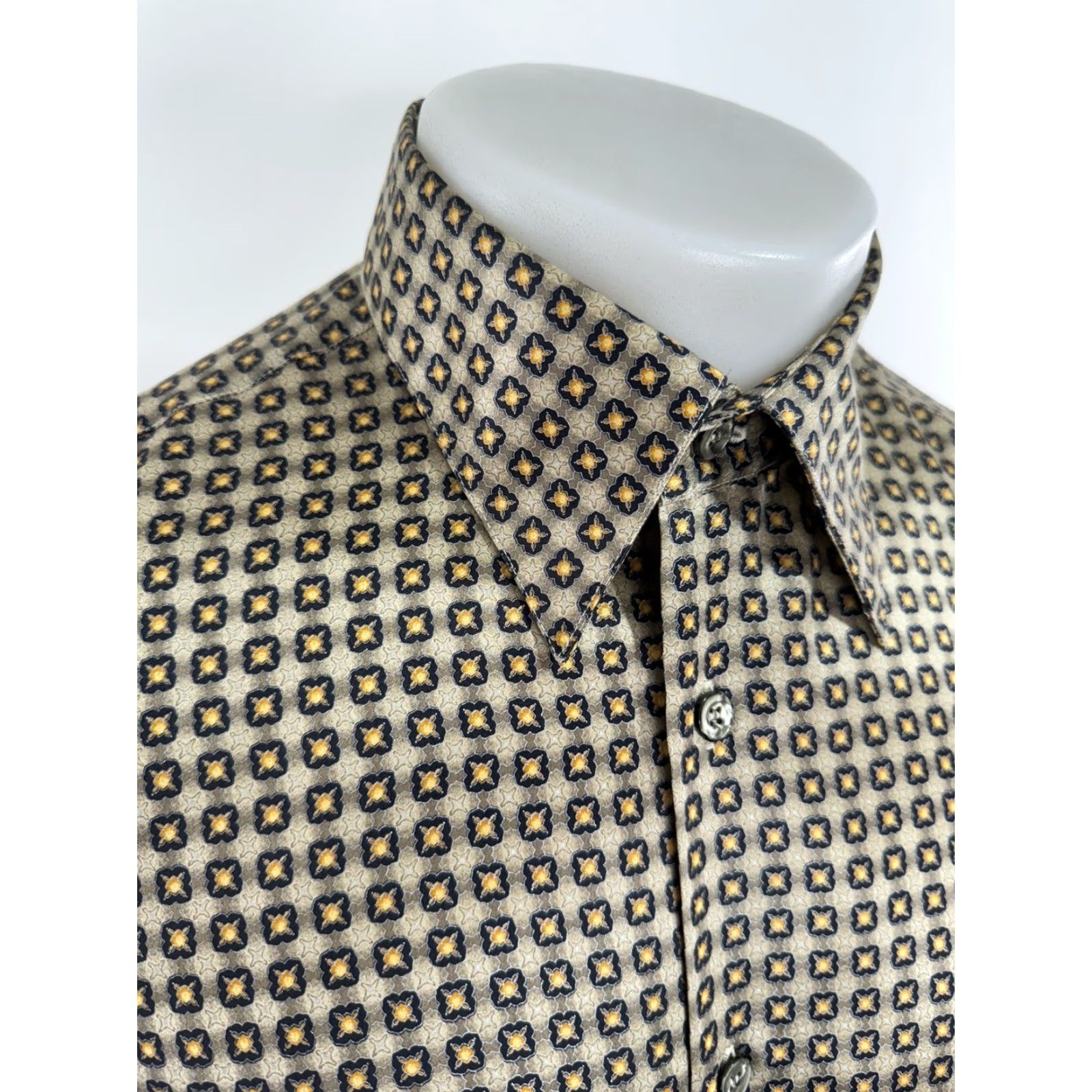 Vintage Bernini / Beverly Hills Silk Geometric Mens L Shirt - Gold / Orange / Blue Silk Button-Up Long Sleeve EXCELLENT Size US L / EU 52-54 / 3 - 2 Thumbnail